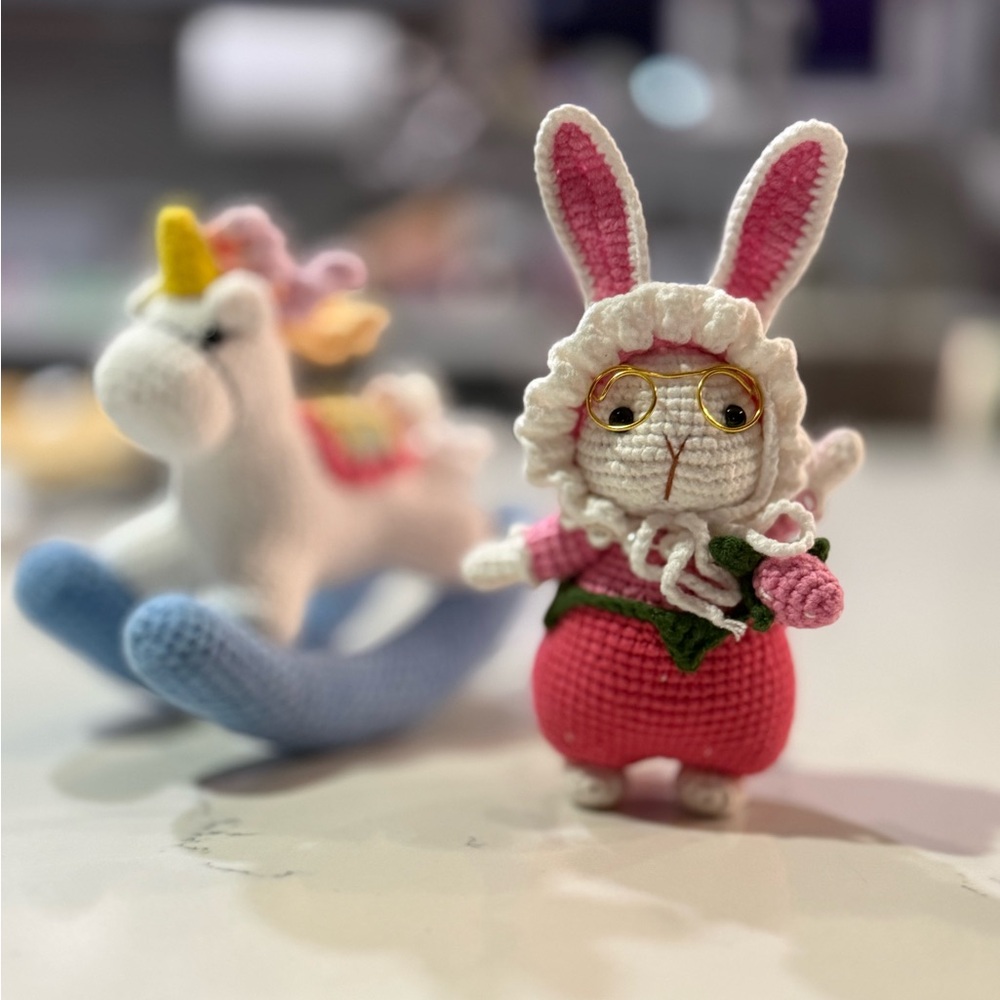 Hand-crocheted strawberry bunny